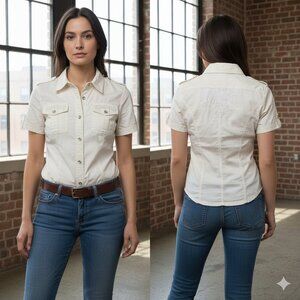 [Women's L] PARASUCO Vintage Y2K Short-Sleeve Cream Military Utility Shirt Logo